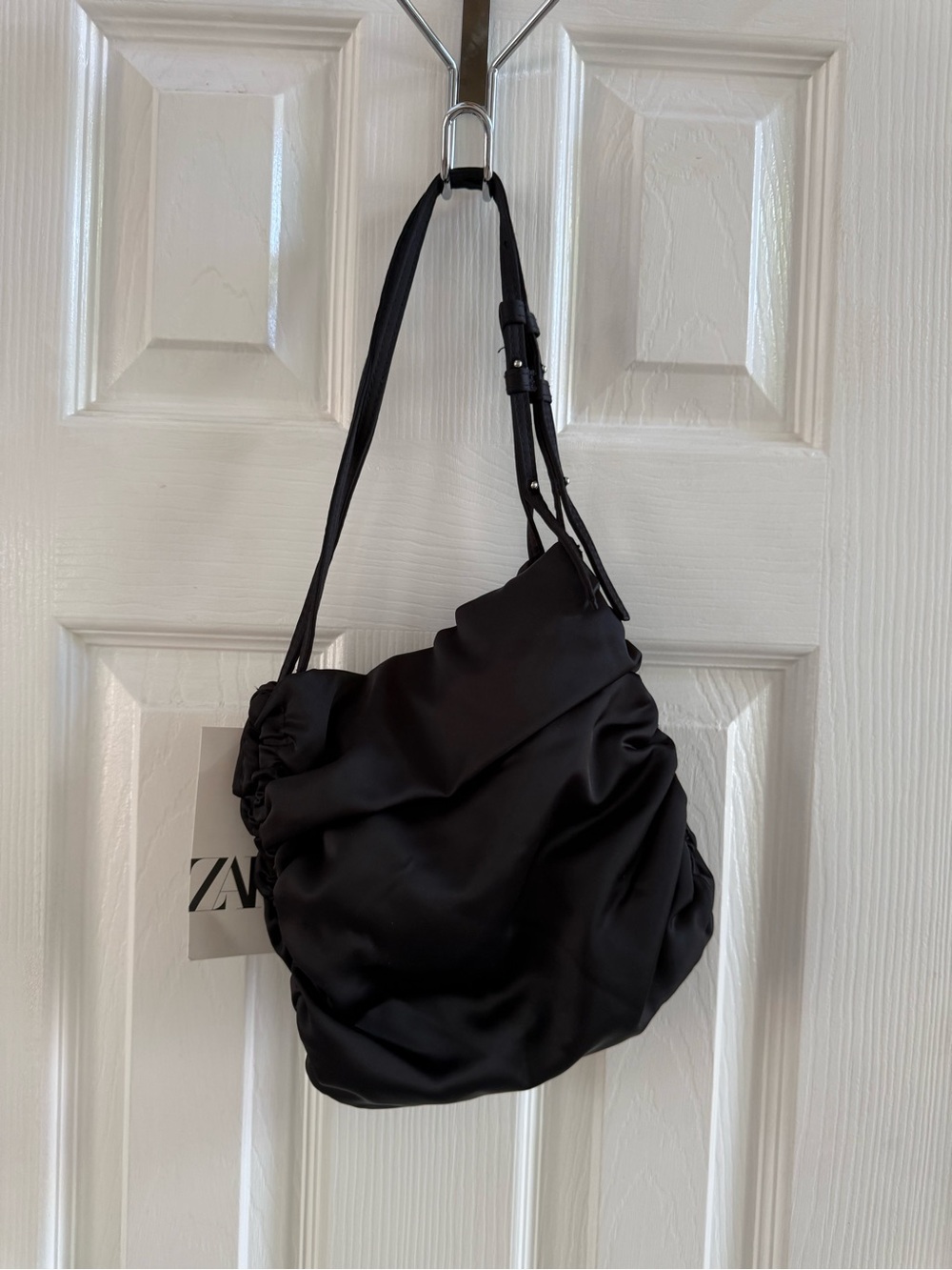 Zara Black Satin Ruched Shoulder Bag